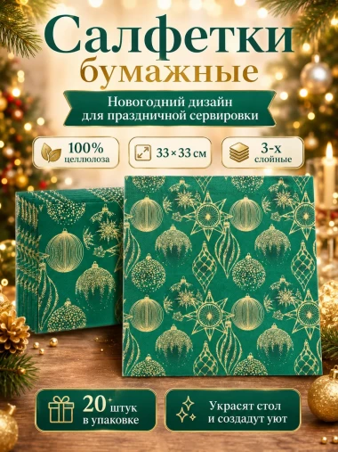 Салфетки бумажные новогодние 3-х слойные 33х33 см 20 шт зеленые с золотым